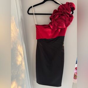 Spectacular Karen Millen Red and Black One-Shoulder Satin Dress Below Knee NEW